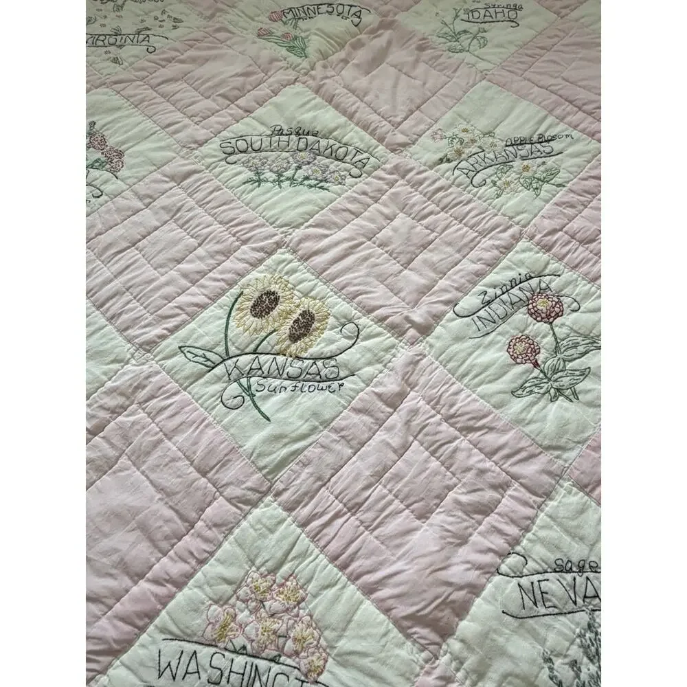 Vintage 48 US State Flower Quilt Embroidered Pink Checkered Handmade